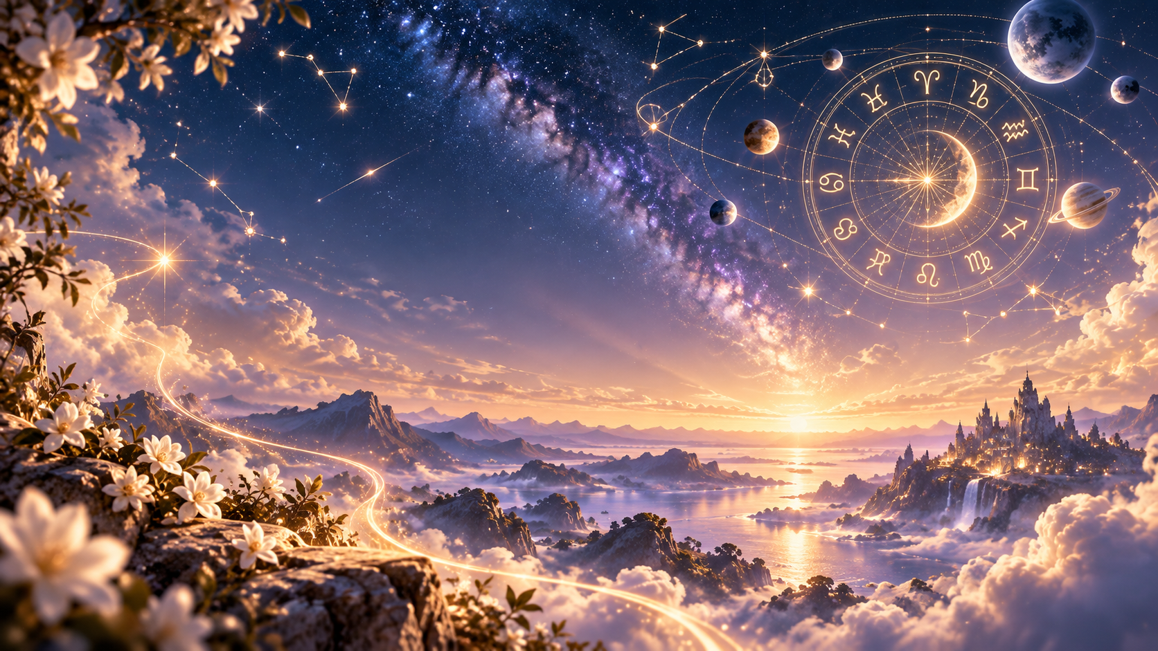 Visuel de l’Astrologie Matinora avec roue zodiacale, constellations et astres