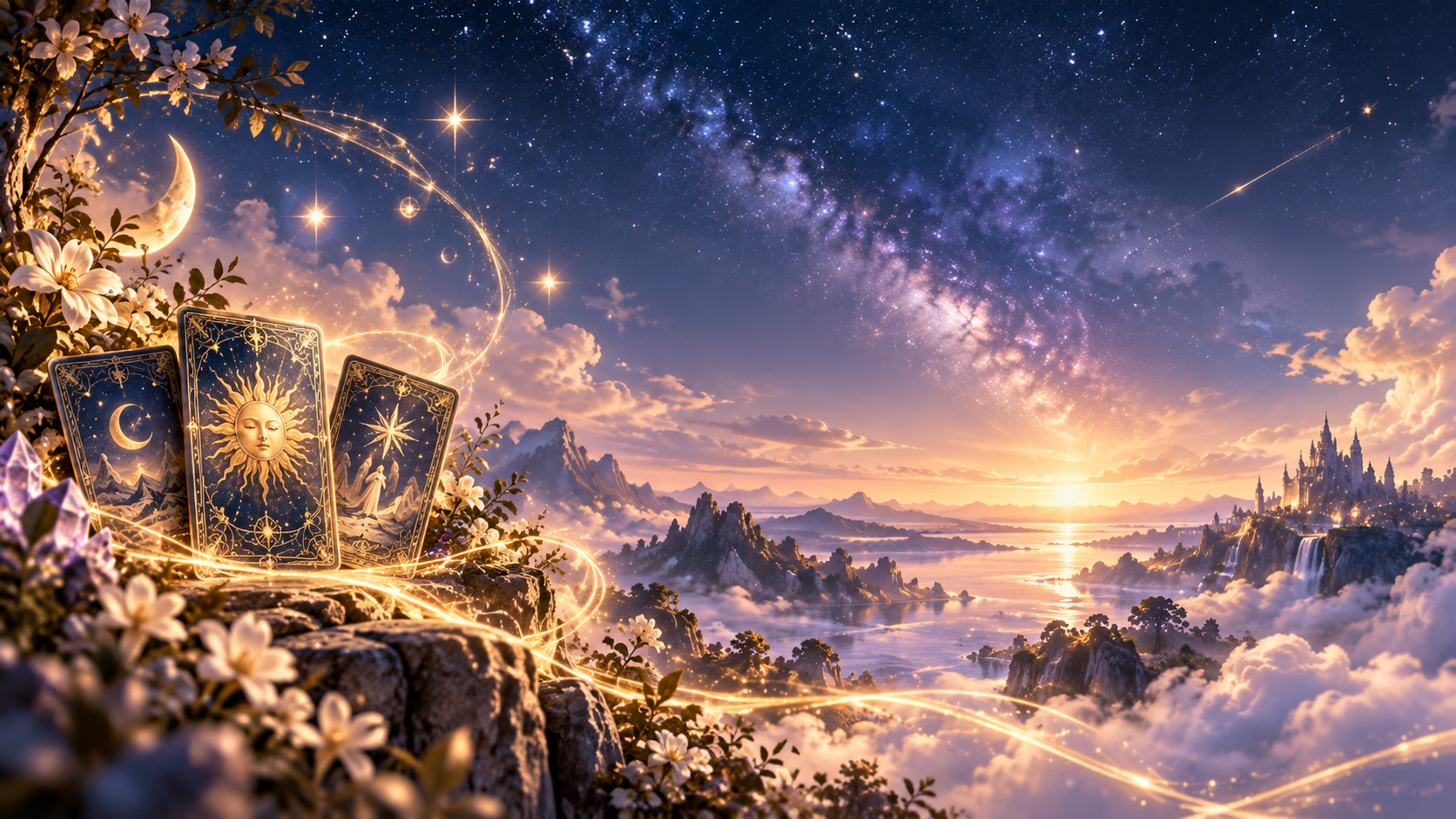 Visuel du Tarot Matinora avec cartes lumineuses et paysage céleste